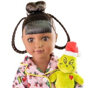 MY LIFE AS 18" Dark Brunette Hair Brown Eyed Doll THE GRINCH Slippers Plush PJs